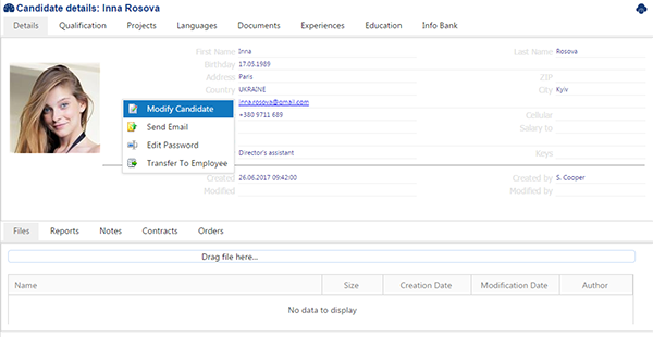 3.Administration &gt; Candidate&#39;s Keys : In this feature, you can customize Candidate Keys which can be used as a brief characteristic of a candidate. To open Candidates Keys page follow the path: HR -&gt; Recruitment -&gt; Candidates Keys, right click on the Details tab for context menu and pick Modify Candidate option. 