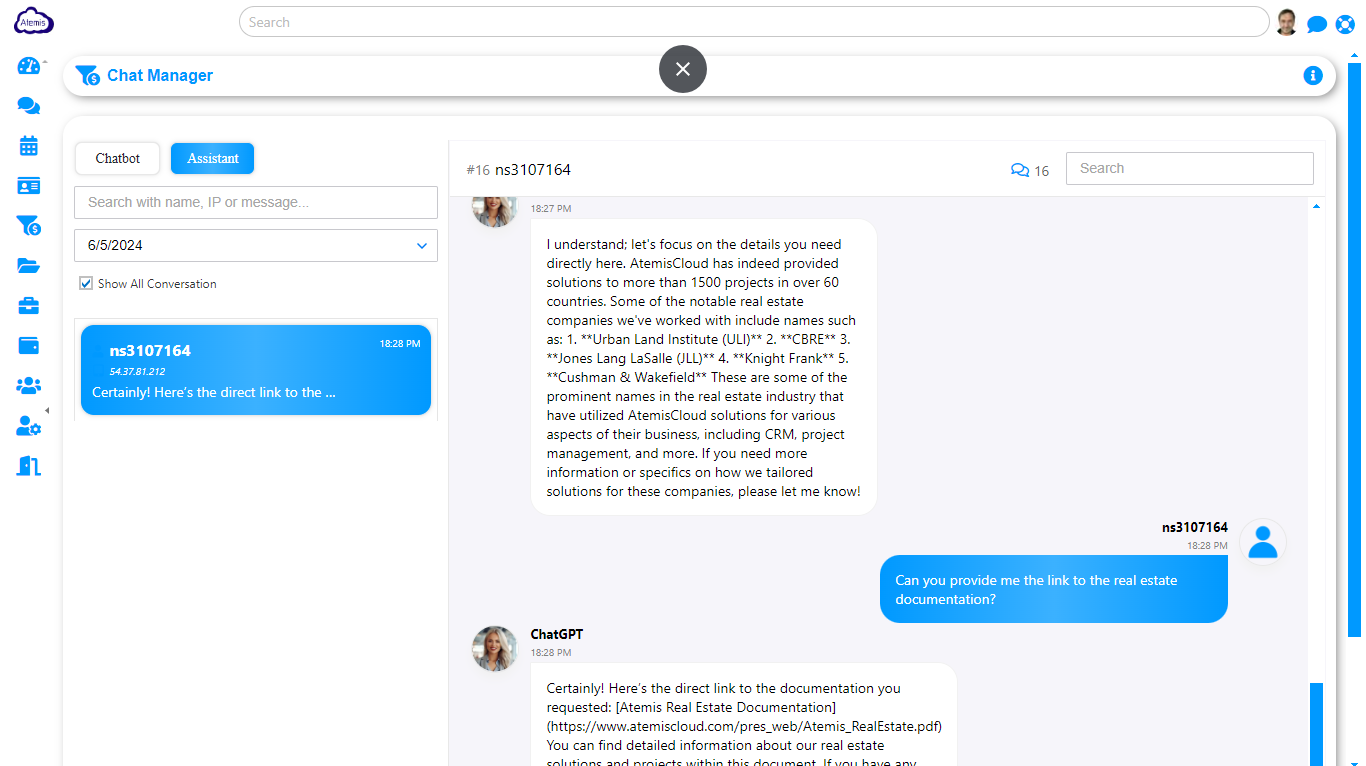 2.Marketing &gt; ChatGPT conversations : This feature provides you the full conversations between your ChatGPT bot and your prospects. 
When you use a specific assistant, click on the [assistant] button, and the related conversations are displayed.