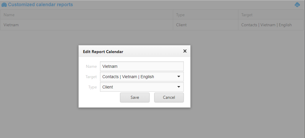 7.Backoffice &gt; Calendar Report Management : The calendar report is an AtemisCloud object. This report lists all companies within a group (target segment) and displays all activities made for the last 30 days.
Each report will then displays the activities of one single group.  With this Calendar Report Management feature, you can create as many reports as you wish for several groups of users.  One user can see only the calendar reports available to him/her on the left menu. 
Each user can get access to 1 or more reports 