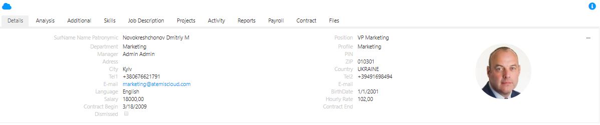 6.HR &gt; Employees Details : In this feature you can manage your details by tabs: Details, Additional, Skills, Job Description, Activity, Appraisal, Report, Files.