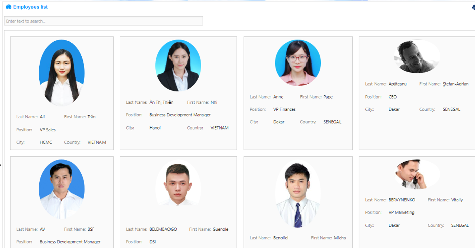 6.HR &gt; Employees List : This feature provides the list of employees with their card. Quick to load and efficient. 