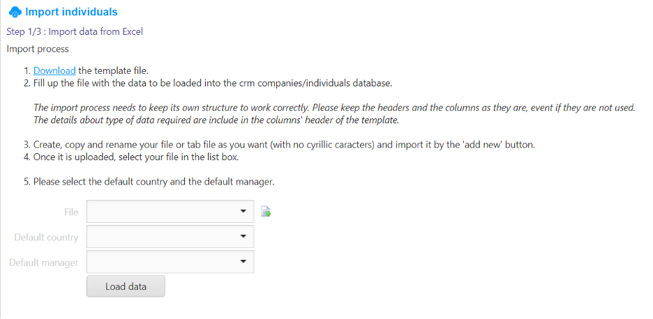7.Backoffice &gt; Tools | Importation | Import companies and contacts : This feature is designed to allow you to import the excel data files to save in a table structured format. You can assign the employee who manages these data and the country of these data. This feature is very useful that you don&#39;t have to manually enter the data.