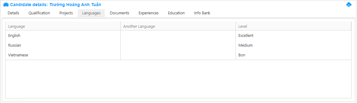 6.HR &gt; Languages Tab  : Languages tab  displays candidate&#39;s knowledge of languages and their level. 