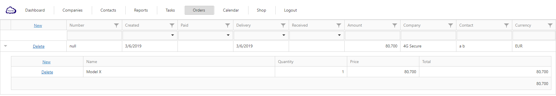 1.CRM &gt; Mobile | Orders : This feature show every order that your company currently has with the customers that you manage or in their team. Here you can click the arrow to show all the products in that order. You can also create a new order or delete an existing one.