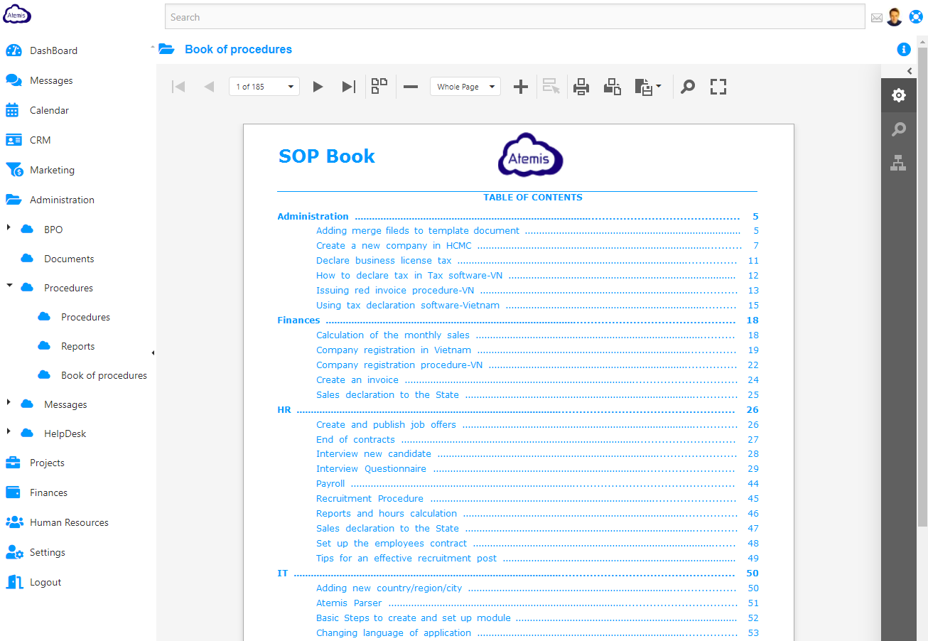 3.Administration &gt; Book of procedures : This feature allows you to gather all procedures stored into a single report, access to all pages and create a list of content. This document can be saved as PDF file and shared to all your employees. 