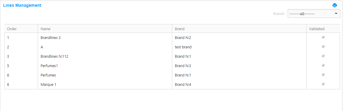 2.Marketing &gt; Webshop | Brands Products | Products Lines Management : This tab shows a list of brands. You can link a product by choosing the necessary one from the drop-down list or delete it with the help of context menu.