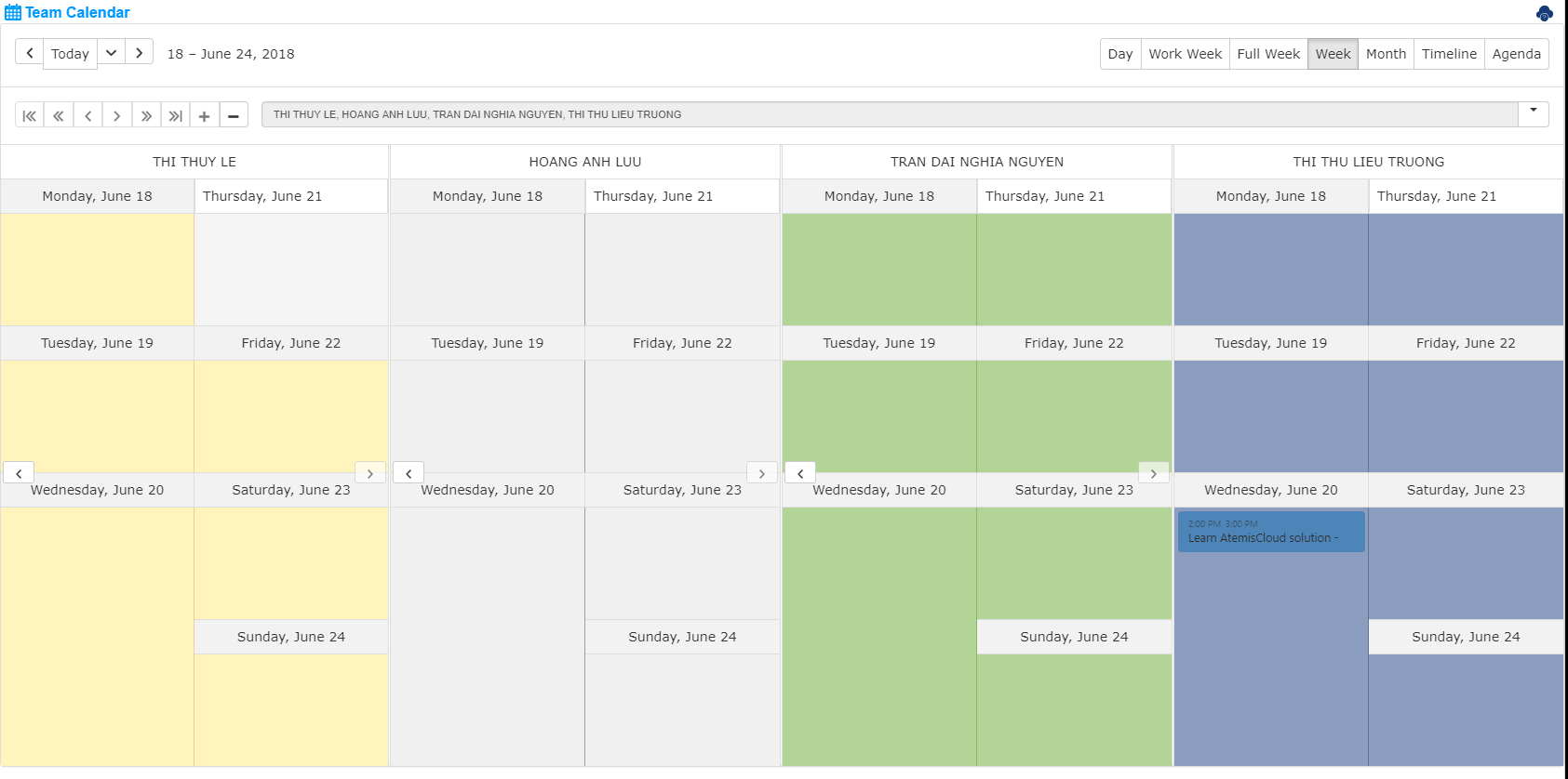3.Administration &gt; Team Calendar : This feature allows a manager to see the calendar of all his team members. Several views are available: Day, Work Week, Full week, Month, TimeLine, Agenda, etc.