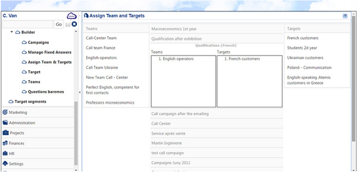 1.CRM &gt; Call Center | Assign Team &amp; Target : This feature is designed to assign Call Center Teams (Employees) and Targets (Contacts) to the created campaigns. The Teams will then call in their respective language the Targets for the corresponding campaigns. 