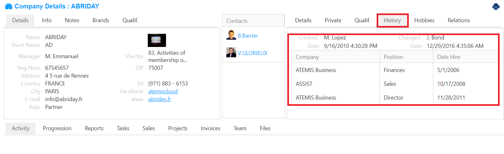 1.CRM &gt; History : This tab shows the history of the individual in the company. It will allow you to see the individual job, position and companies he was linked to in the past.